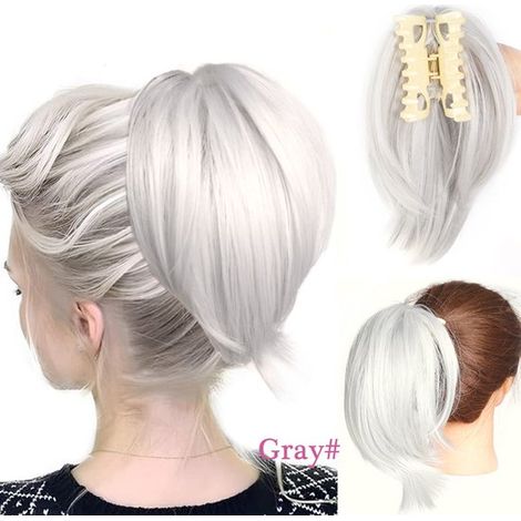 Chignon à cordon, queue de cheval, perruque synthétique pour femme, queue de cheval à cordon de 22 cm avec micro-boucles, gris clair