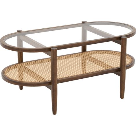 Mesa de centro ovalada de 102 x 56 x 47 cm con práctico espacio de almacenaje de 2 niveles diseño contemporáneo en madera de acacia marrón 200017808
