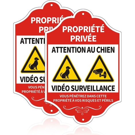 2 Pièces Propriété Privée Panneau Surveillance Aluminium 200x300mm - Attention Au Chien, d'Avertissement Résistant aux UV Imperméable Intérieur/Extérieur (1/5)