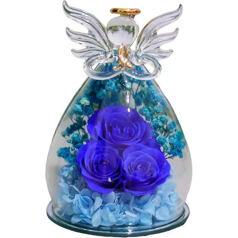 Roses éternelles sous cloche en verre, fleurs stabilisées à poser, cadeau de Noël pour maman, grand-mère, épouse, bleu foncé