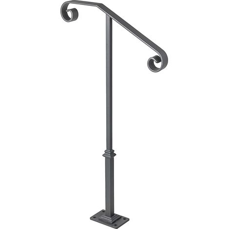 Main courante en fer forgé gris anthracite pour 1 ou 2 marches, avec fixation incluse, design ornemental pour escalier extérieur. (1/5)