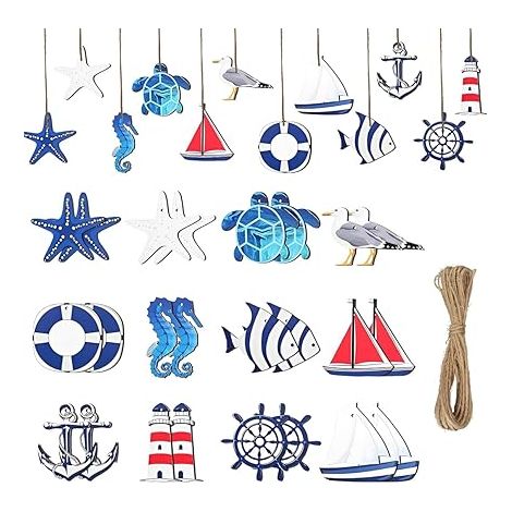 Décoration Nautique Etoile de Mer Kit Maritime Filet de Peche Décoratif Coquillage Pendentifs Muraux Bois (1/5)