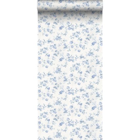 Papier peint à motif fleurs bleu et blanc cassé – Dimensions 53cm x 10m – Raccord droit – Écologique et durable – Pose facile