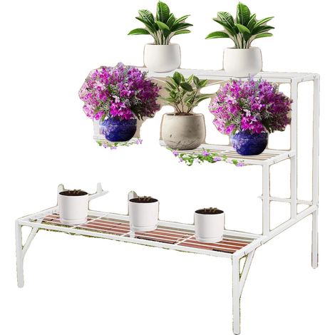 Support de plante en métal, design à 3 niveaux, construction durable, BLANC (1/2)