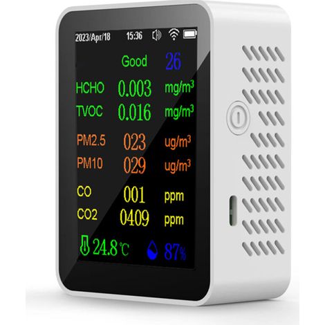 9-in-1 portable air quality meter, PM2.5, PM10, CO, CO2, TVOC, HCHO, AQI, temperature and humidity, color screen, carbon dioxide detector with date and time display,