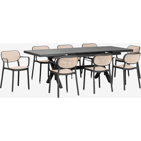 Set de table rectangulaire extensible 180-240x90 cm en aluminium Karena et 8 chaises de jardin empilables avec accoudoirs Omara SKLUM Gris Graphite (1/5)