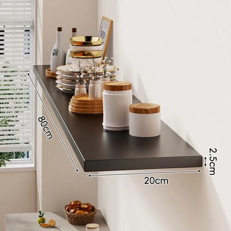 (noir 80 x 20 cm) Étagère murale avec un tableau de mots, pour salon ou maison, en bois massif, à fixer au mur, style stratifié, bibliothèque, présentoir (1/5)