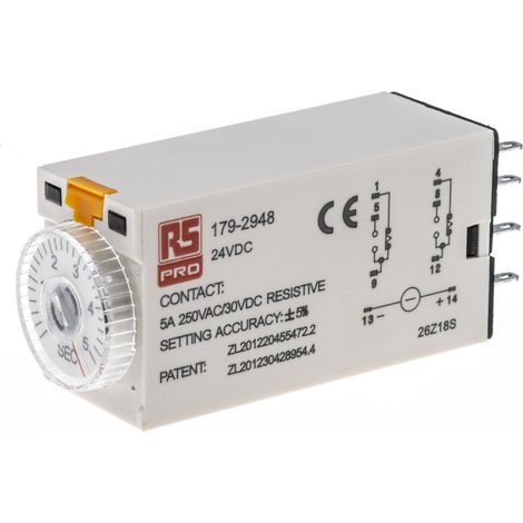 Relais temporisé RS PRO, 24V c.c., Enfichable, 2 contacts ( Prix pour 1 ) (1/3)