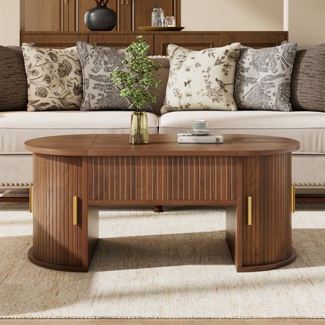 Comanlai - Table Basse Relevable avec Rangement Caché - Table de Salon Moderne Plateau Réglable Porte Coulissante - Noyer (1/5)