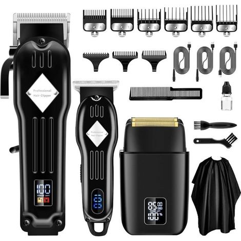 (noir)3 en 1 Tondeuses à cheveux professionnelles sans fil pour hommes, rasoirs électriques à grille, Noir (1/5)