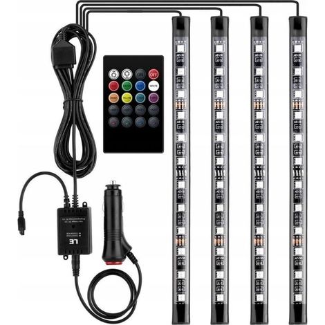 12V LED Car Interior Lighting with 4 x 48mm RGB LED Strips, 3m Multicolor Car Light Strip, Remote Controlled Light Strip, Waterproof Cigarette Lighter Socket Lighting