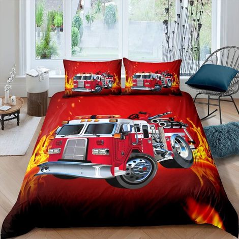 Camion de Pompier Parure de Lit Enfants Pompiers véhicule de Voiture Ensemble de Literie pour Garçons Filles Adolescents décor Moteur de Pompiers modèle Housse de Couette 220x240cm Rouge (1/4)