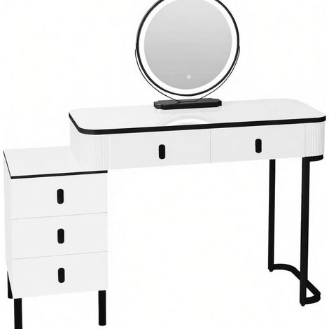 Toeletta con specchio LED girevole a 360°, 5 cassetti, bianca e nera HOMVRA (1/5)