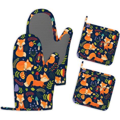 Ensemble de 4 Gants de Cuisine et Maniques Antidérapants en Silicone Renards Mignons Gants et Maniques de Cuisine Résistants à la Chaleur pour Cuisiner Faire de la Pâtisserie des Grillades (1/5)