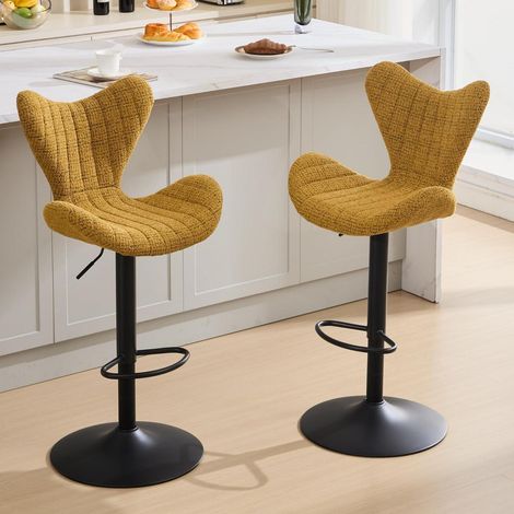 Barhocker 2er Set, höhenverstellbar, 360° drehbar, Chenille-Rückenlehne, Gelb (1/5)