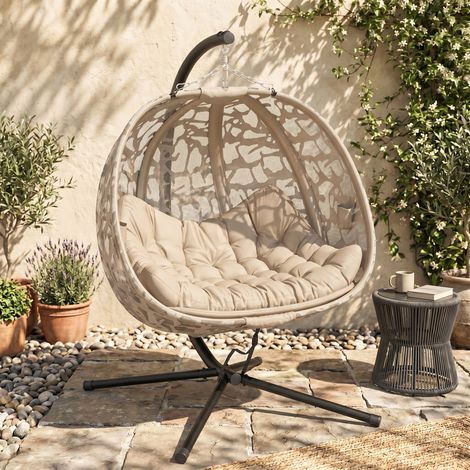 Fauteuil suspendu 2 places, panier de siège pliable, grand coussin d'assise, couleur sable, 130 x 103 x 172 cm (1/5)