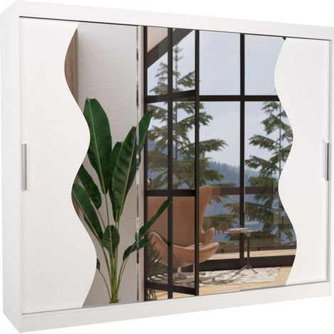 Grande armoire de chambre à coucher 3 portes coulissantes blanches et miroir biseauté Kola 250cm (1/5)