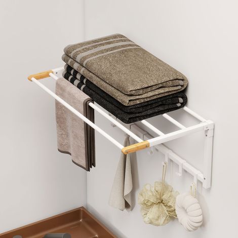Toallero plegable de pared con 5 barras y 6 ganchos, de bambú y acero, para baño y lavandería, 60 x 32,5 x 20 cm, blanco.