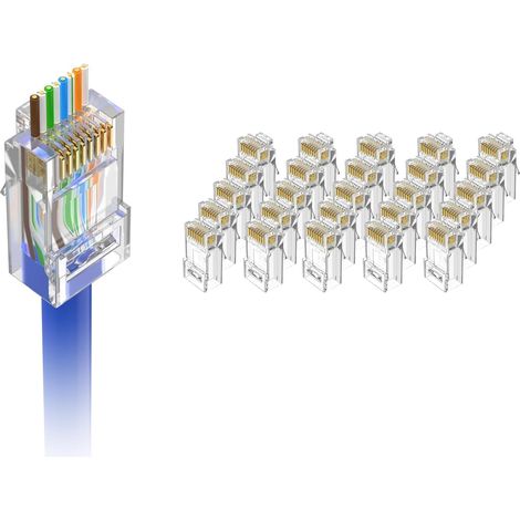 Connecteur RJ45 Cat6, Fiche Réseau Plaqué Or Lot de 25 Extrémités RJ45 Cat6 Plaquées Or, Fiches Réseau à Sertir Ethernet pour Câble UTP Solide ou Toronné, Prend en Charge POE (1/5)