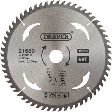 Draper 21680 TCT Circular Saw Blade for Wood – 250mm Diameter, 30mm Arbor, 60 Teeth