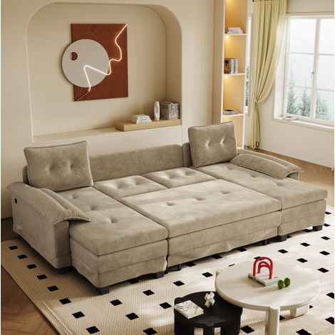 Canapé d’angle U convertible 278x127x87 cm en chenille camel avec USB pour salon compact – MEUBLIV (1/5)