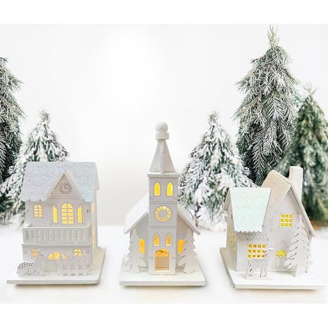 3 Pièces Village de Noel Lumineux en Bois, Maison Village de Noel Miniature LED, Maison de Neige Hiver Blanc, Deco Noel en Bois Lumineuse, Decoration de Noel Interieur à Pile, Décoration de Table Noël (1/5)