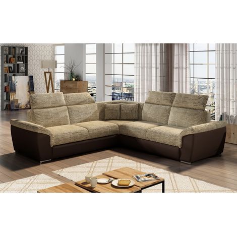 Canapé d'angle - convertible - FELIPE - en tissu beige et simili cuir chocolat, 5/6 places (1/5)