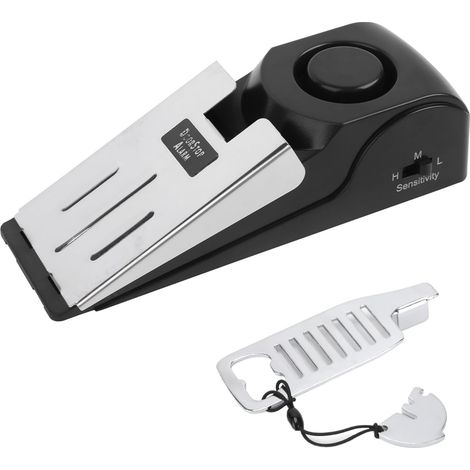 Portable door lock and doorstop alarm system with a powerful 120 dB siren, 3 levels of floor sensitivity, doorstop and additional security protection.