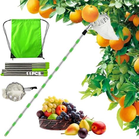 Recolector de fruta con mango telescópico de 4,25 m, recolector de manzanas de 16 cm de diámetro, recolector de cerezas con bolsa de algodón, cosechador de fruta de acero inoxidable para cerezas, cose