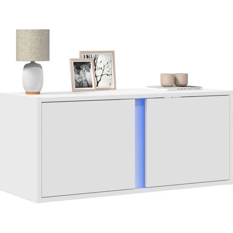 Vidaxl – Meuble TV mural blanc 80x31x35 cm – Bois d'ingénierie – 2 portes – Lumières LED ajustables – Gain de place pour rangement compact (1/5)