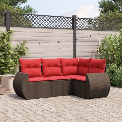 Salon de jardin 4 pièces en rotin PE marron avec coussins rouges, modulable - PANGIVO (1/5)