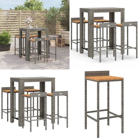 Ensemble de bar jardin 5 pcs gris poly rotin/bois massif acacia - Ensemble Salon De Jardin - Mobilier De Jardin - Set De Bar Extérieur - Table Et Chaises De Bar - Table Basse Jardin - Home & Living