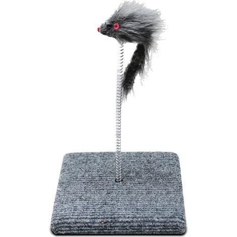 Poteau à gratter - JUANIO - avec souris sur ressort - base en bois - poils artificiels & plumeau - 24x14x14 cm (1/3)