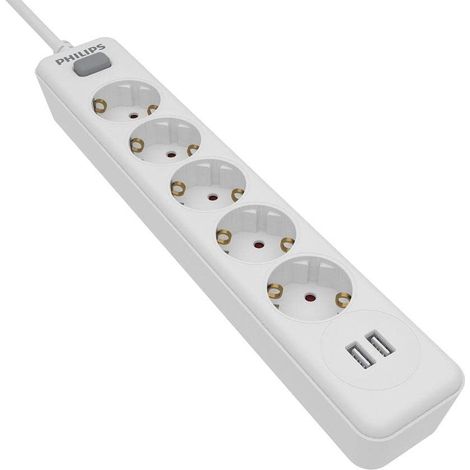 Bloc d'alimentation à 5 Prises Schuko et 2 Ports USB 2,4 A, Interrupteur Marche/arrêt, câble d'alimentation tressé 1,5 mètre (Haute résistance) - Blanc (1/4)