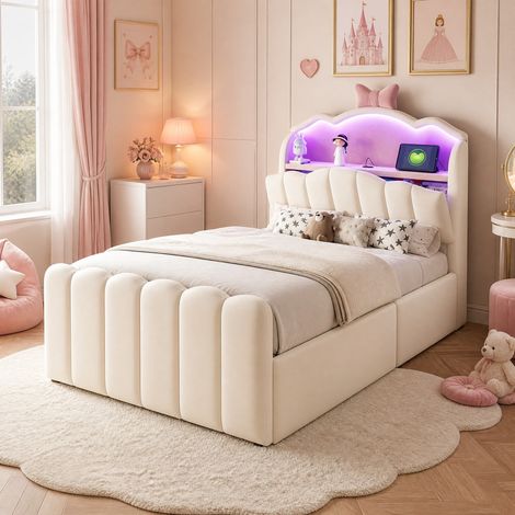 Litera 90/200 cm beige con terciopelo, LED, USB y amplio espacio de almacenaje (1/5)