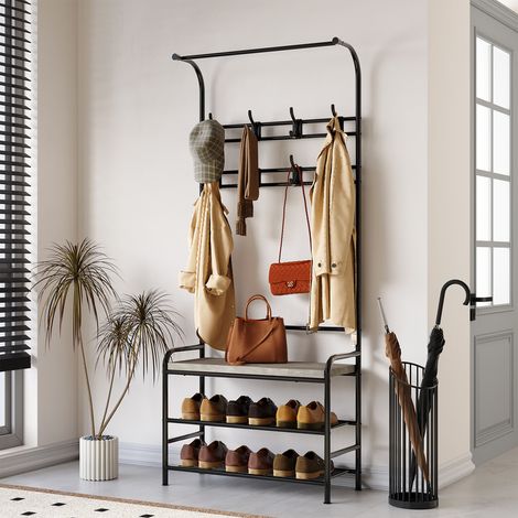Vestiaire d'entrée, Arbre à Chaussures d'entrée 4 en 1, étagère de Rangement à 3 Niveaux avec 8 Crochets Mobiles, Meuble d'entrée Multifonctionnel, Meuble à Chaussures Entrée 23.5"x11.8"x 70.7",GRIS (1/4)