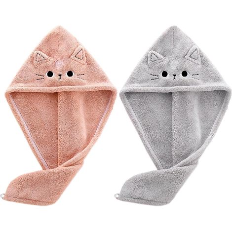 Mikrofaser-Haarhandtuch-Set für Kinder (2-teilig), Haarhandtücher mit niedlichem Katzenmuster nehmen schnell Wasser auf und trocknen, geeignet für Frauen und Mädchen (Rosa und graue Katzen) (1/5)
