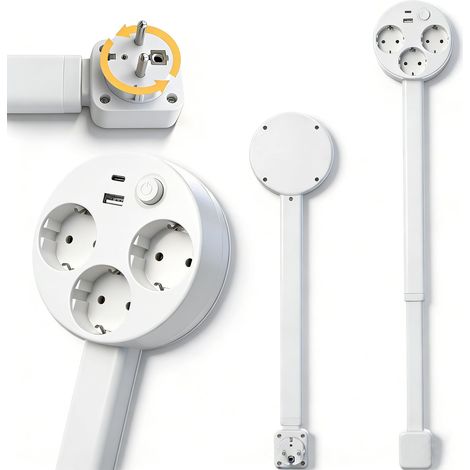 Multiprise Extensible, 3 Prises AC avec USB-A/Type-C, Rotation 360° Tige Réglable 47-67cm, Installation Murale sans Outil, Ignifuge, pour Prises Murales Cachées Derrière Canapé/Bureau (1/5)
