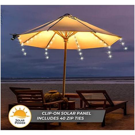 (Avec télécommande et attaches de câble) Guirlande lumineuse solaire étanche pour parasol, jardin et pelouse, 104 LED - 2 fonctions, blanc chaud, 3,8 mètres, 12 LED
