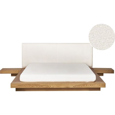 Letto moderno con piattaforma comodini testata letto bouclé in frassino naturale 160 x 200 cm Zen