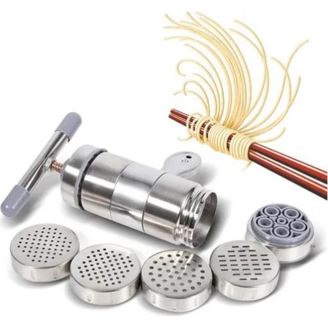 Presse à pâtes manuelle en acier inoxydable, machine à pâtes essorées à la main avec 5 moules à pâtes (1/5)
