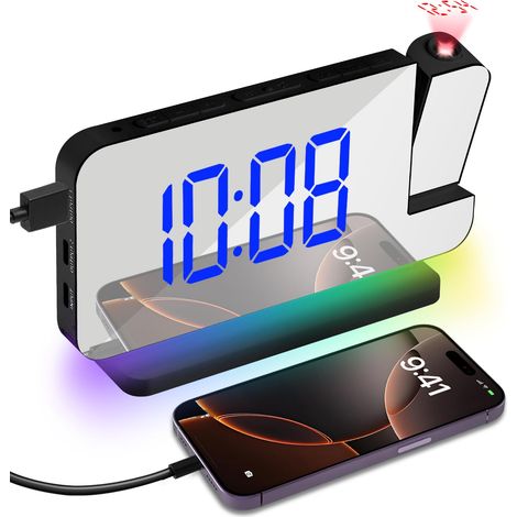 Réveil Projection LED, Horloge Numérique avec Projecteur Plafond 180°, Charge USB, 11 Couleurs RVB & 10 Veilleuses, pour Chambre Bureau (Noir) (1/5)