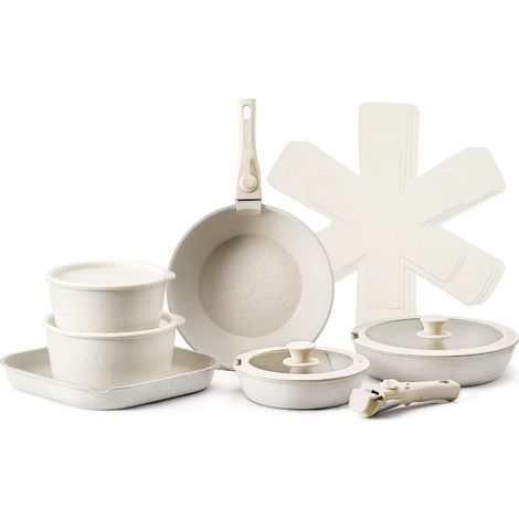 Set de 17 pièces de casseroles et poêles antiadhésives, poignée amovible, économiseur d'espace, compatible induction, avec couvercles en verre trempé, four allant, blanc. (1/5)