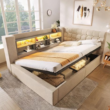 Cadre de lit beige en lin 203 x 158 x 86 cm (1/5)