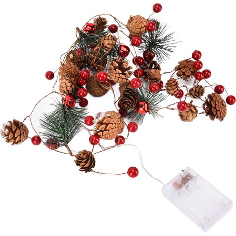 Weihnachtslichterkette, 2 m lange Tannenzweige mit kupferfarbenen LEDs, roten Beeren und Glöckchen (Batterien nicht enthalten) (1/5)