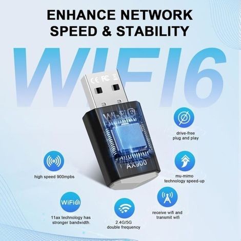 WiFi 6 USB Clé WiFi pour PC, AX900 Doublebande (5.8 GHz / 2.4 GHz), Cle WiFi pour MU-MIMO, WPA3