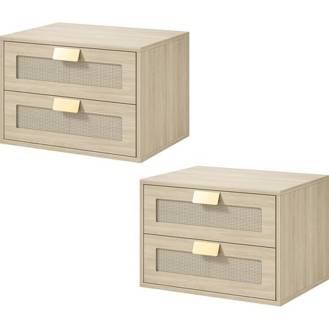 Ensemble de 2 tables de chevet suspendues avec 2 tiroirs et façade en rotin naturel pour chambre à coucher, 40 x 30 x 27,6 cm, chêne (1/5)
