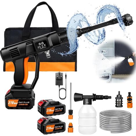 Nettoyeurs Haute pression Sans fil, Laveuse à jet Portable, Laveuse Haute Pression de 45 Bars/652 PSI avec 2 batteries de 3,0 Ah, Buse Réglable 6 en 1 et Tous les accessoires, Idéale pour le nettoyage (1/5)