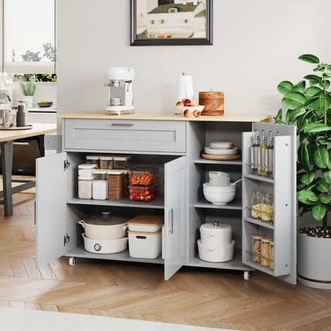 Desserte de cuisine 132,5x44(70)x90 cm avec plateau rabattable et rangement, grise (1/5)