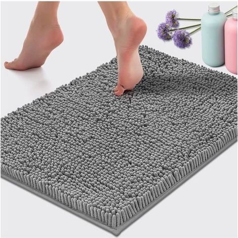 Tapis de Bain Antiderapant,Tapis Salle de Bain en Microfibre Chenille Douce,Tapis de Bain Absorbant- 40 x 60 cm, Gris Clair (1/4)